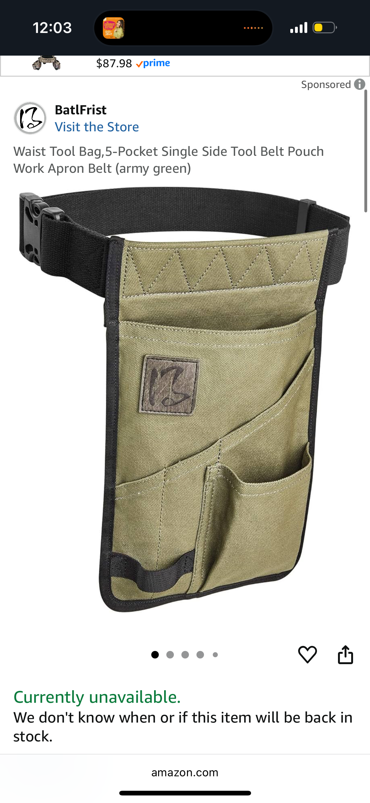 BatlFrist Waist Tool Bag,5-Pocket Single Side Tool Belt Pouch Work Apron Belt (army green)