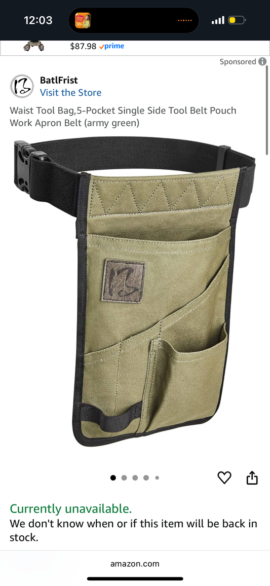 BatlFrist Waist Tool Bag,5-Pocket Single Side Tool Belt Pouch Work Apron Belt (army green)