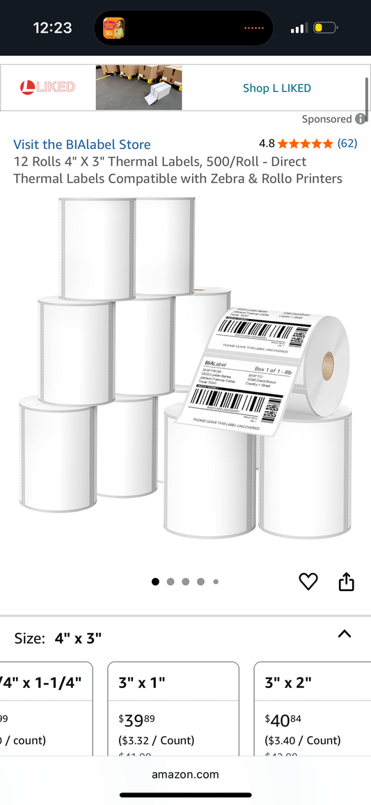 12 Rolls 4" X 3" Thermal Labels, 500/Roll - Direct Thermal Labels Compatible with Zebra & Rollo Printers