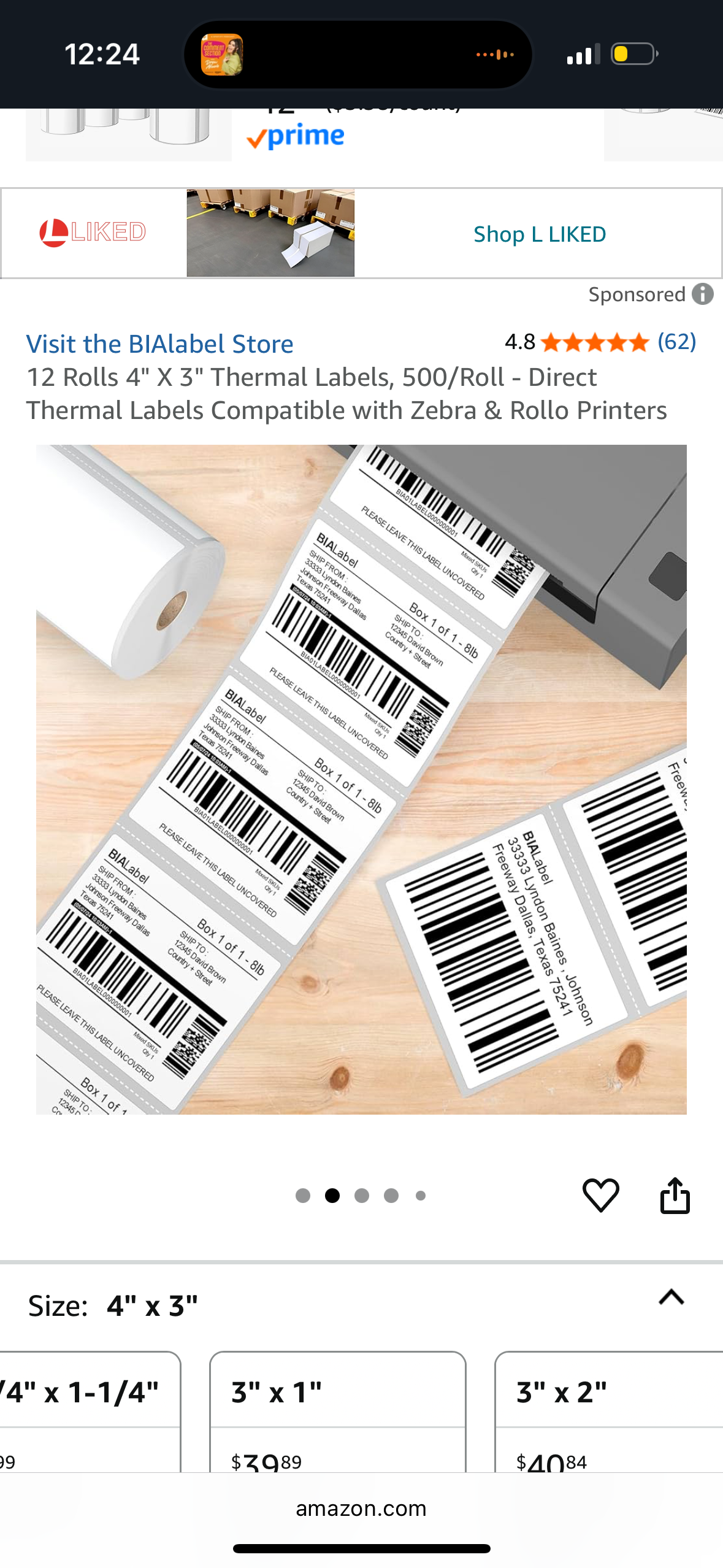 12 Rolls 4" X 3" Thermal Labels, 500/Roll - Direct Thermal Labels Compatible with Zebra & Rollo Printers