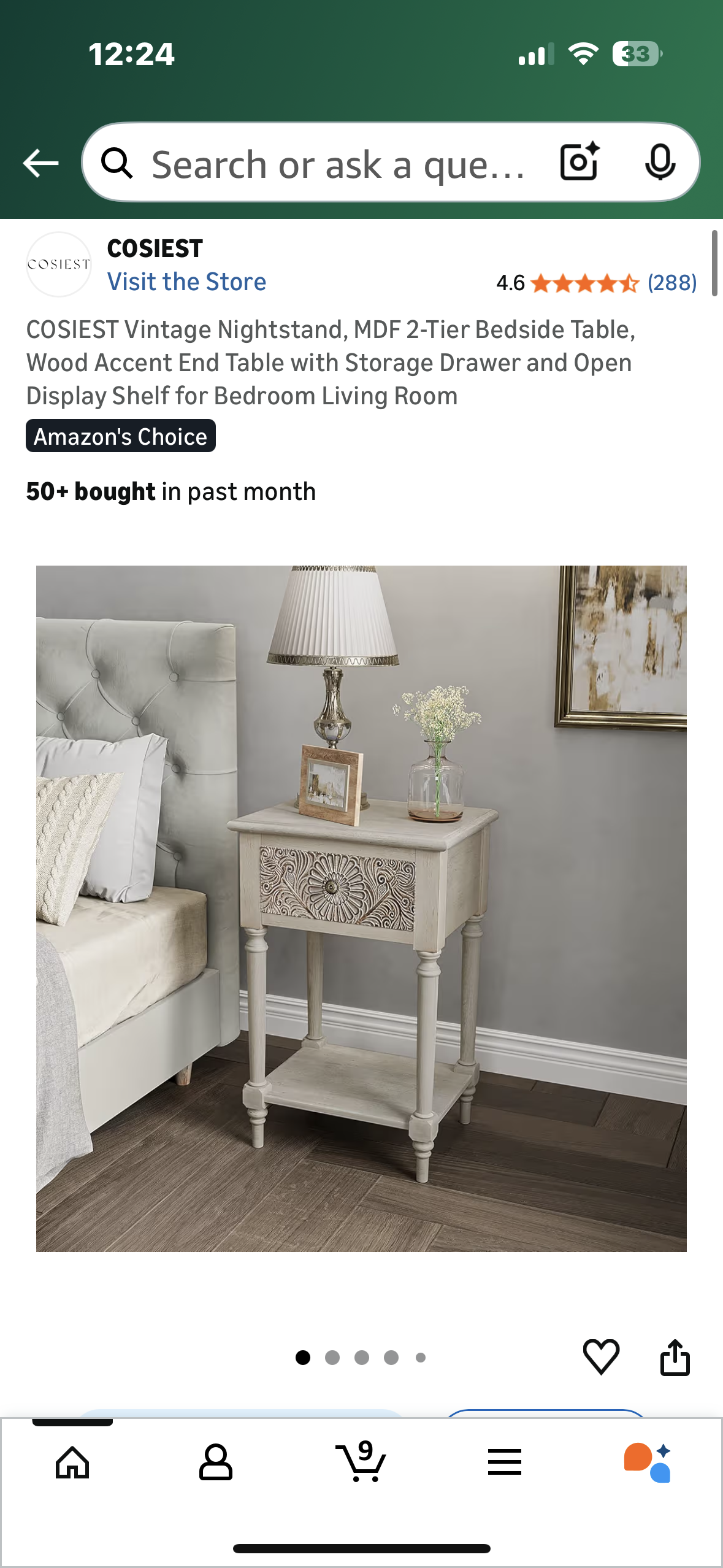 COSIEST Vintage Nightstand, 2-Tier Bedside Table, Wood Accent End Table with Storage Drawer and Open Display Shelf for Bedroom Living Room (L1084)