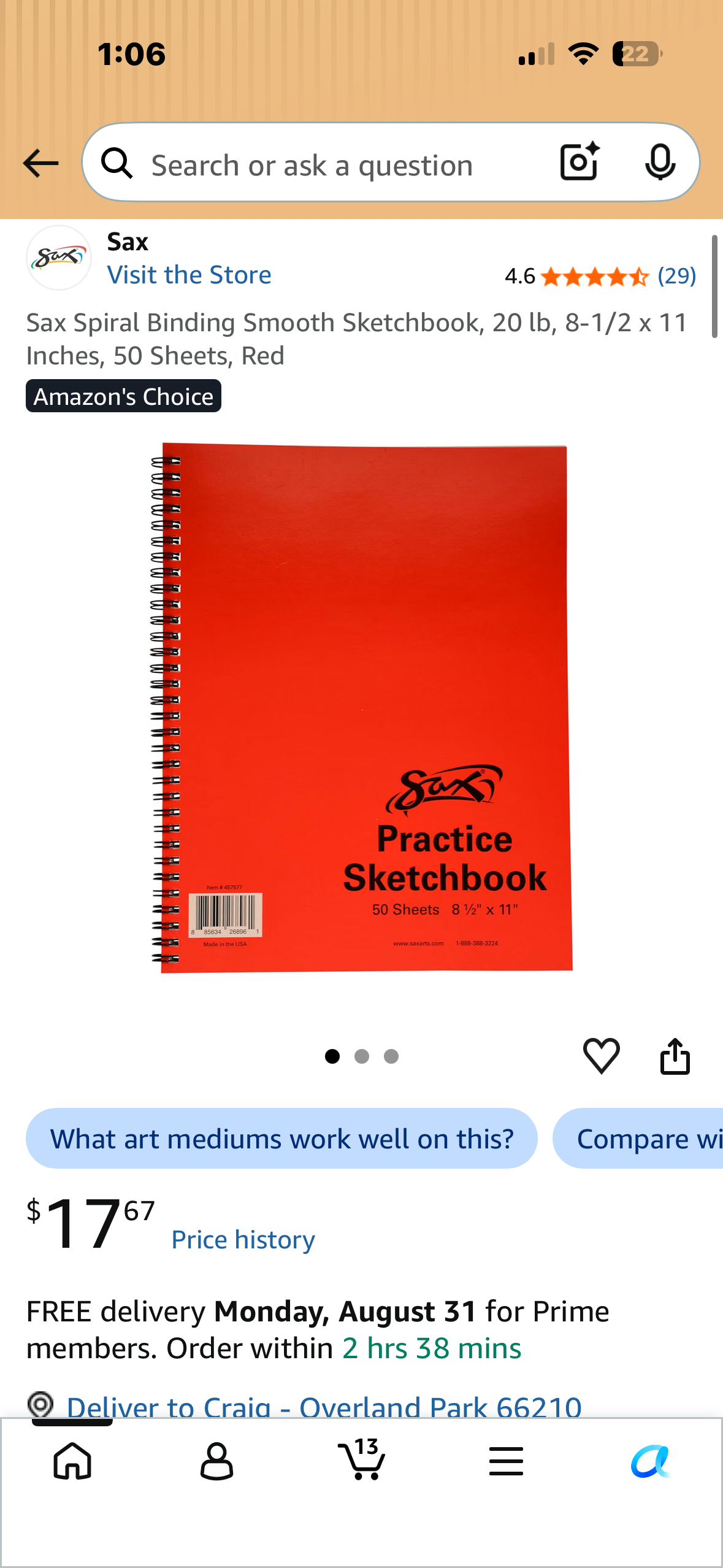 Sax Spiral Binding Smooth Sketchbook, 20 lb, 8-1/2 x 11 Inches, 50 Sheets, Red