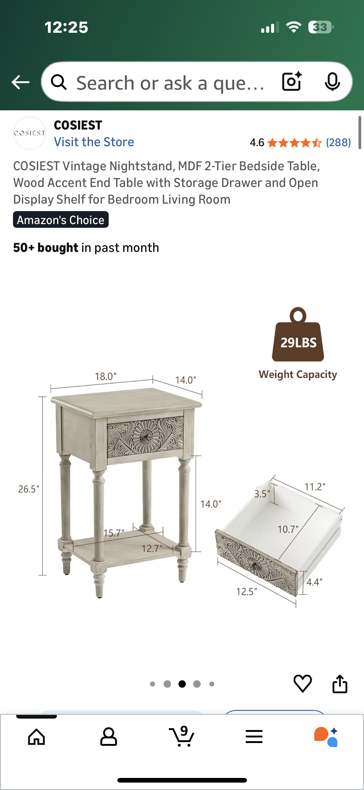 COSIEST Vintage Nightstand, 2-Tier Bedside Table, Wood Accent End Table with Storage Drawer and Open Display Shelf for Bedroom Living Room (L1084)