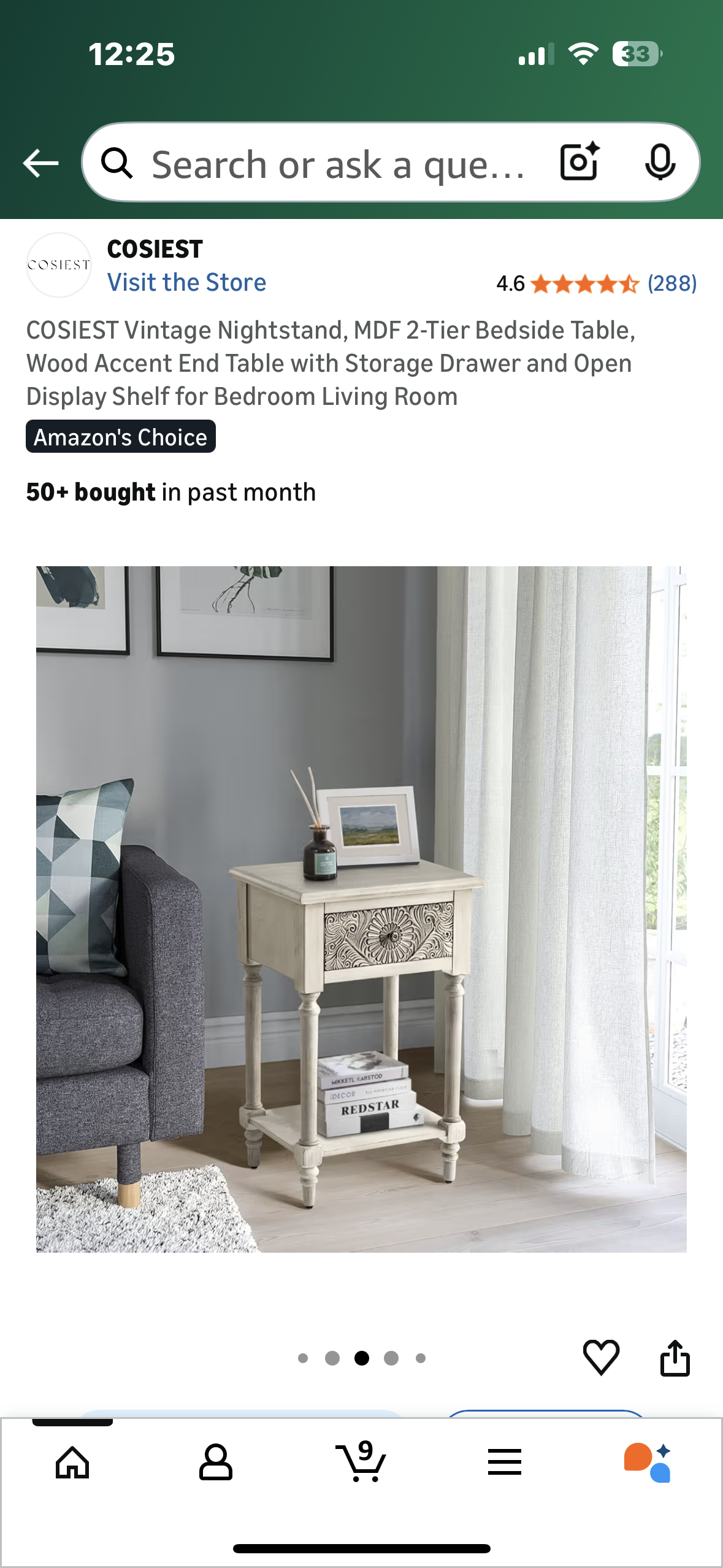 COSIEST Vintage Nightstand, 2-Tier Bedside Table, Wood Accent End Table with Storage Drawer and Open Display Shelf for Bedroom Living Room (L1084)