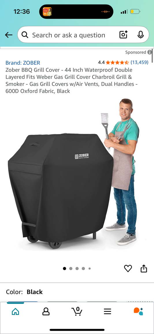 Zober BBQ Grill Cover - 44 Inch Waterproof Double Layered Fits Weber Gas Grill Cover Charbroil Grill & Smoker - Gas Grill Covers w/Air Vents, Dual Handles - 600D Oxford Fabric, Black