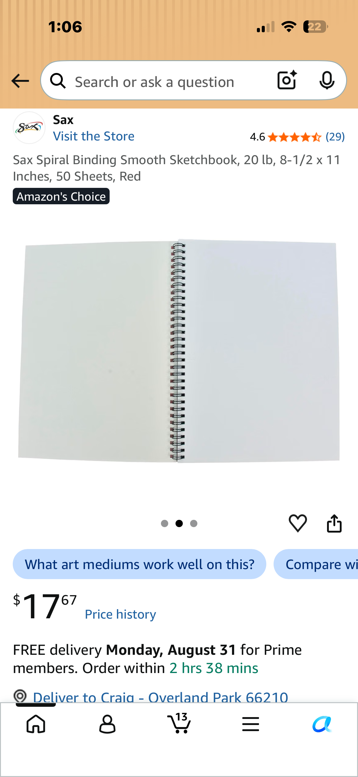 Sax Spiral Binding Smooth Sketchbook, 20 lb, 8-1/2 x 11 Inches, 50 Sheets, Red