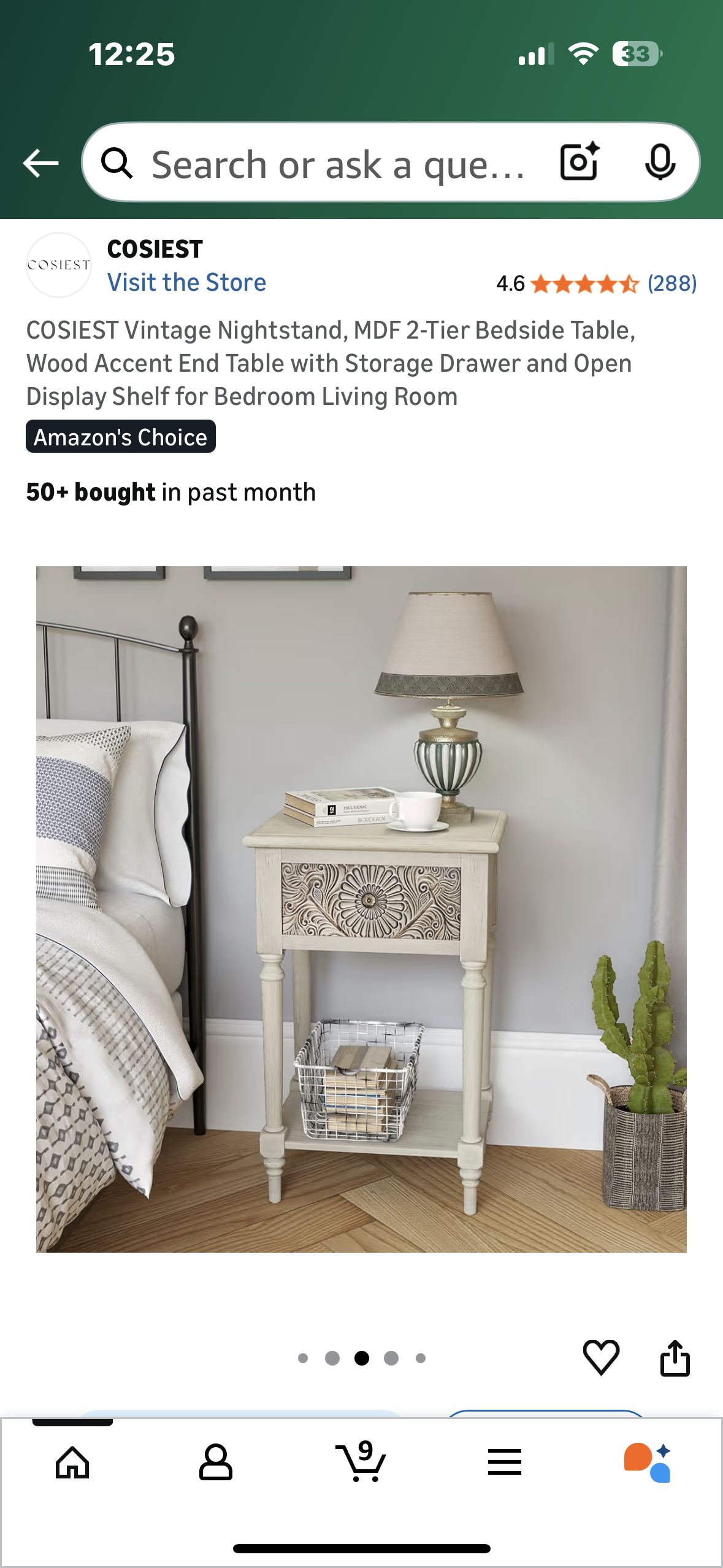 COSIEST Vintage Nightstand, 2-Tier Bedside Table, Wood Accent End Table with Storage Drawer and Open Display Shelf for Bedroom Living Room (L1084)