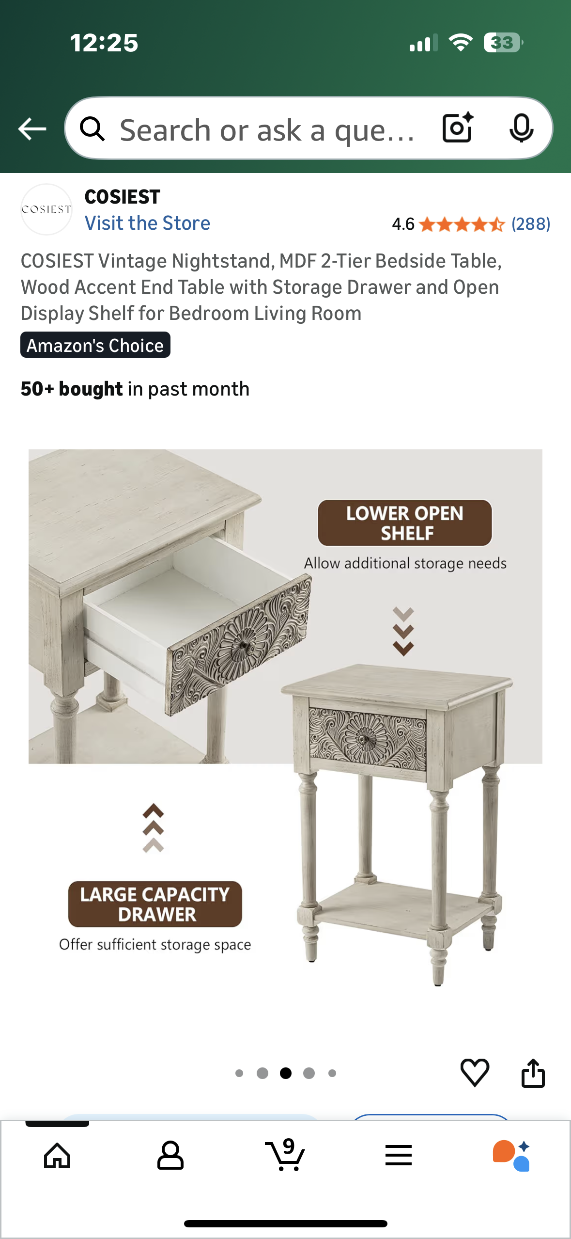 COSIEST Vintage Nightstand, 2-Tier Bedside Table, Wood Accent End Table with Storage Drawer and Open Display Shelf for Bedroom Living Room (L1084)