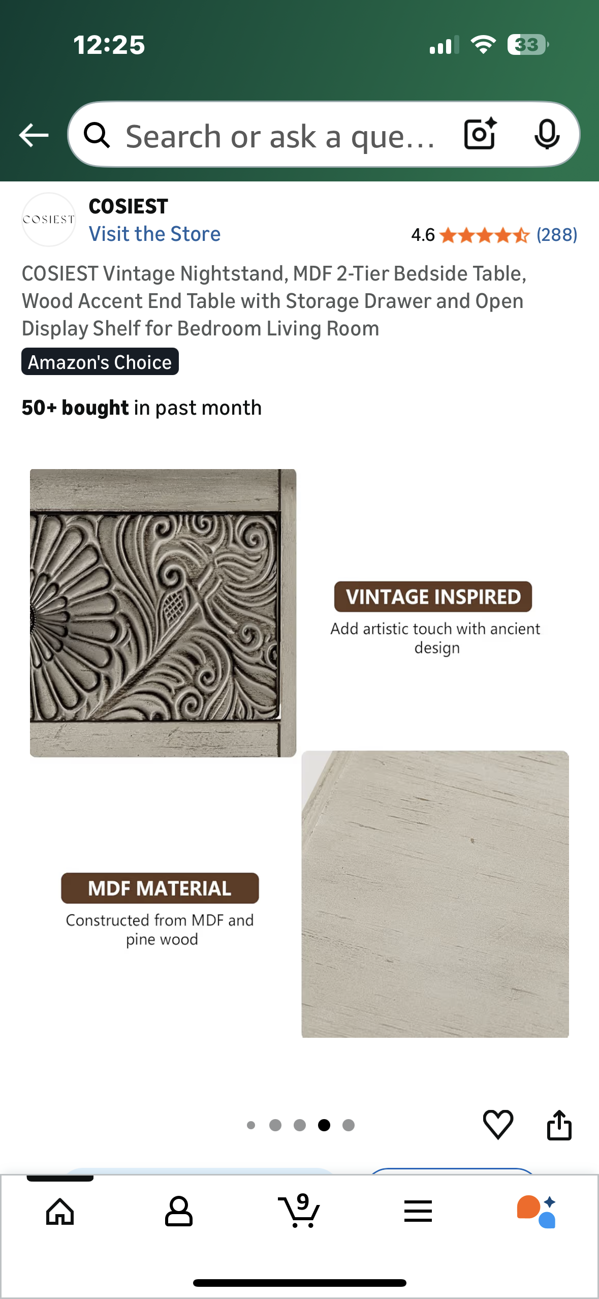 COSIEST Vintage Nightstand, 2-Tier Bedside Table, Wood Accent End Table with Storage Drawer and Open Display Shelf for Bedroom Living Room (L1084)