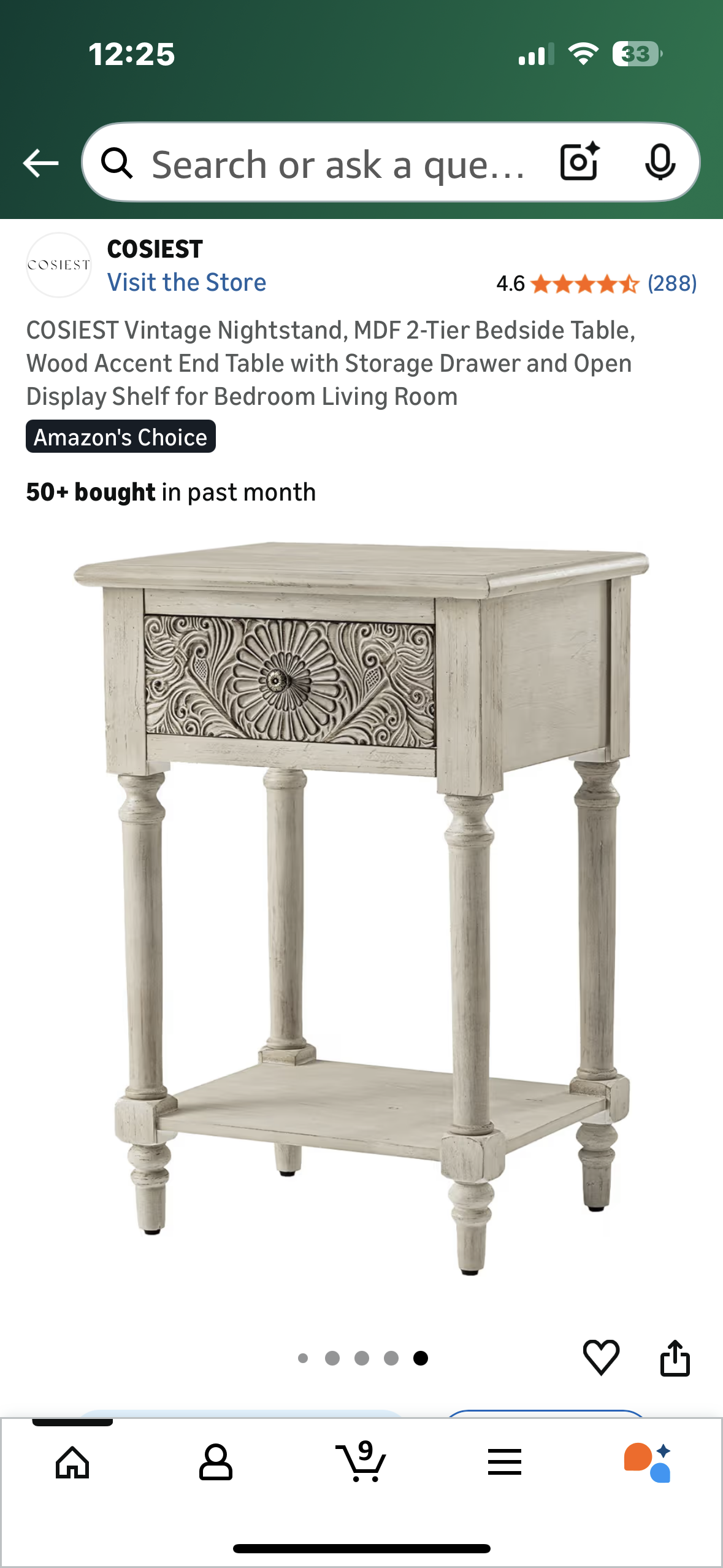 COSIEST Vintage Nightstand, 2-Tier Bedside Table, Wood Accent End Table with Storage Drawer and Open Display Shelf for Bedroom Living Room (L1084)