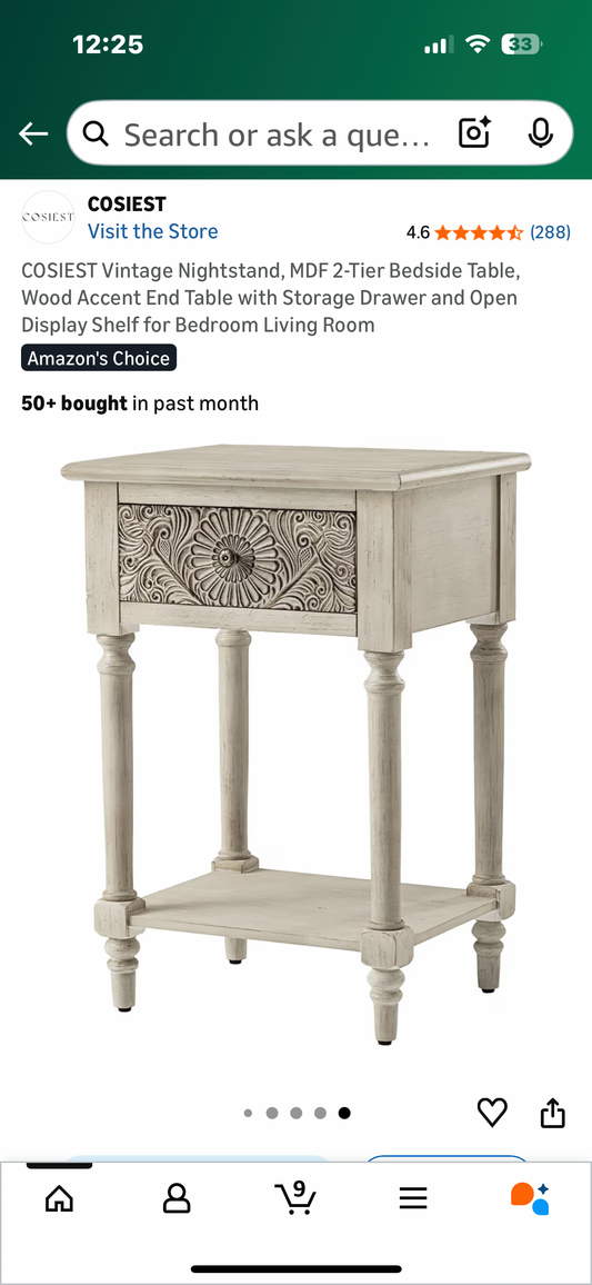 COSIEST Vintage Nightstand, 2-Tier Bedside Table, Wood Accent End Table with Storage Drawer and Open Display Shelf for Bedroom Living Room (L1084)