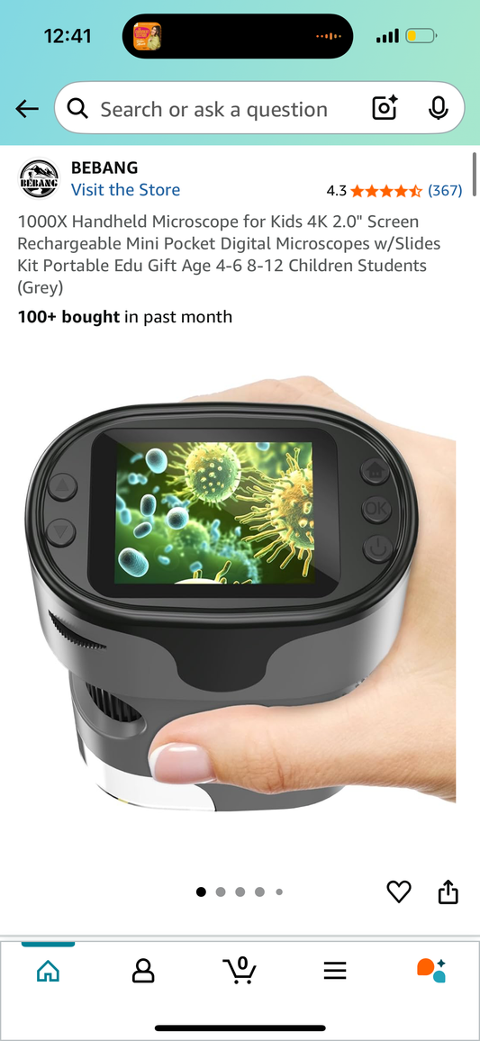 1000X Handheld Microscope for Kids 4K 2.0" Screen Rechargeable Mini Pocket Digital Microscopes w/Slides Kit Portable Edu Gift Age 4-6 8-12 Children Students (Grey)
