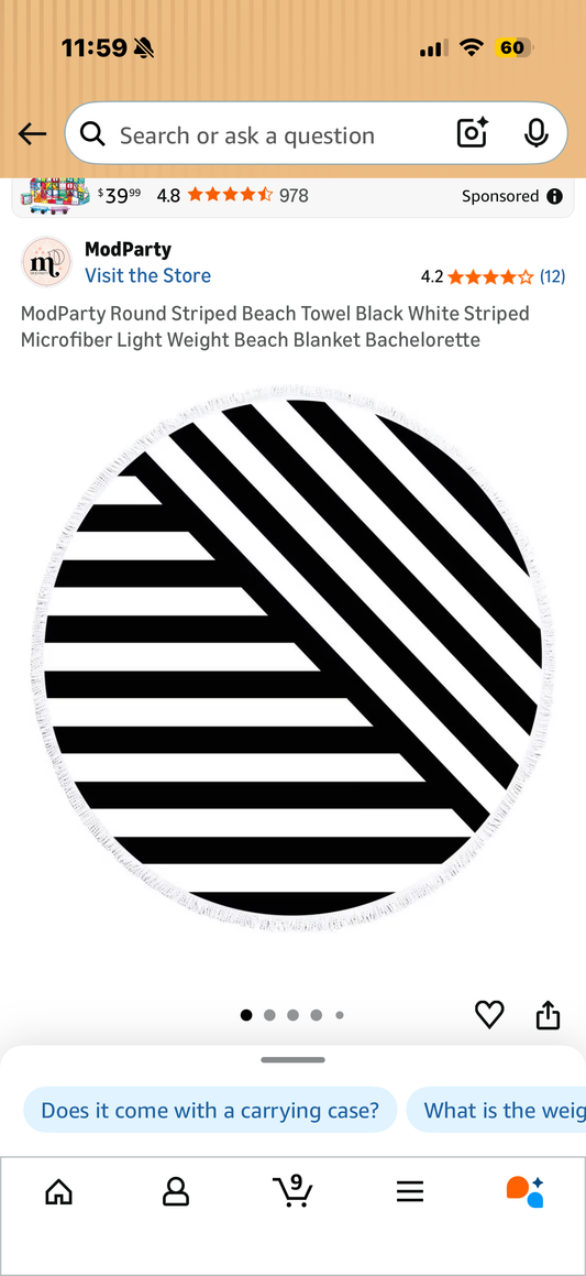ModParty Round Striped Beach Towel Black White Striped Microfiber Light Weight Beach Blanket Bachelorette