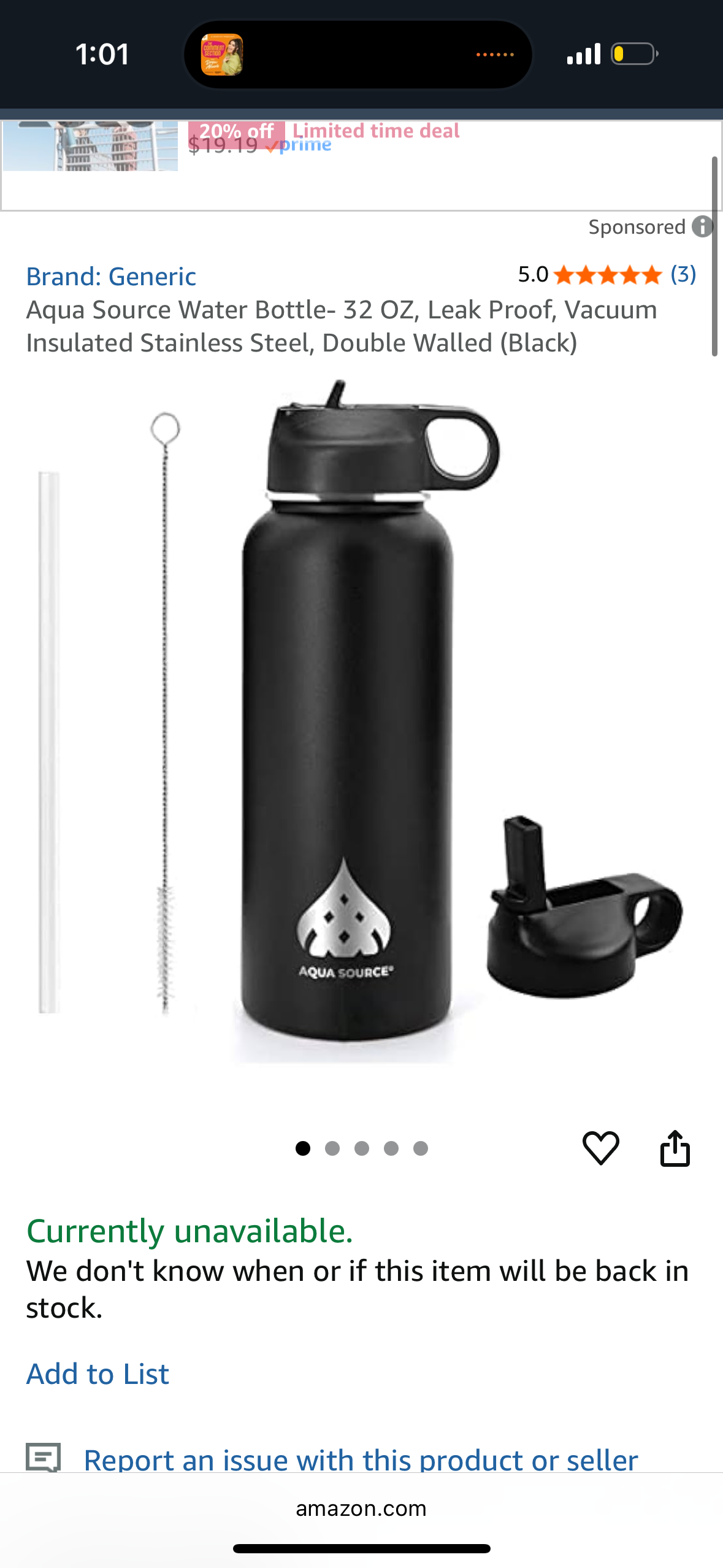Aqua Source Water Bottle- 32 OZ, Leak Proof, Vacuum Insulated Stainless Steel, Double Walled (Black)