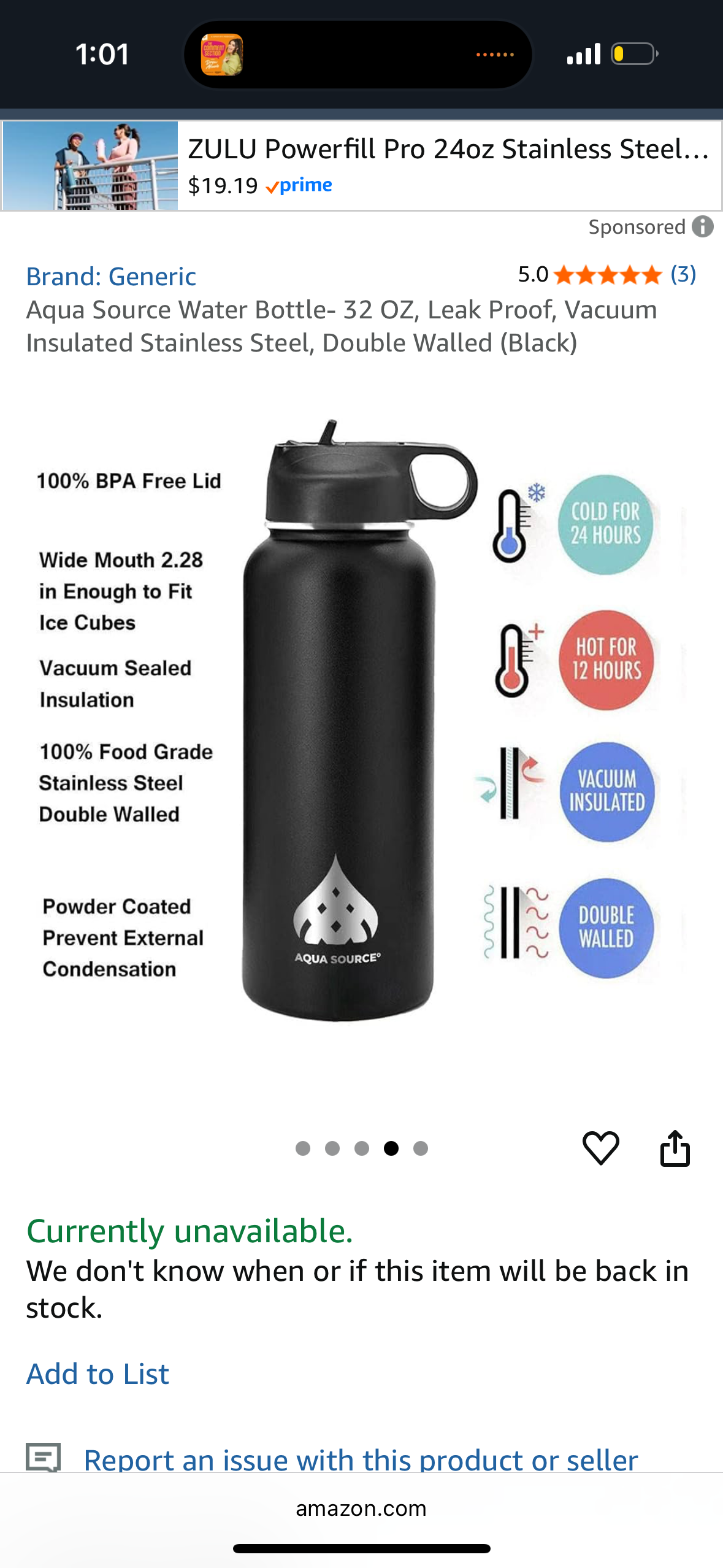 Aqua Source Water Bottle- 32 OZ, Leak Proof, Vacuum Insulated Stainless Steel, Double Walled (Black)