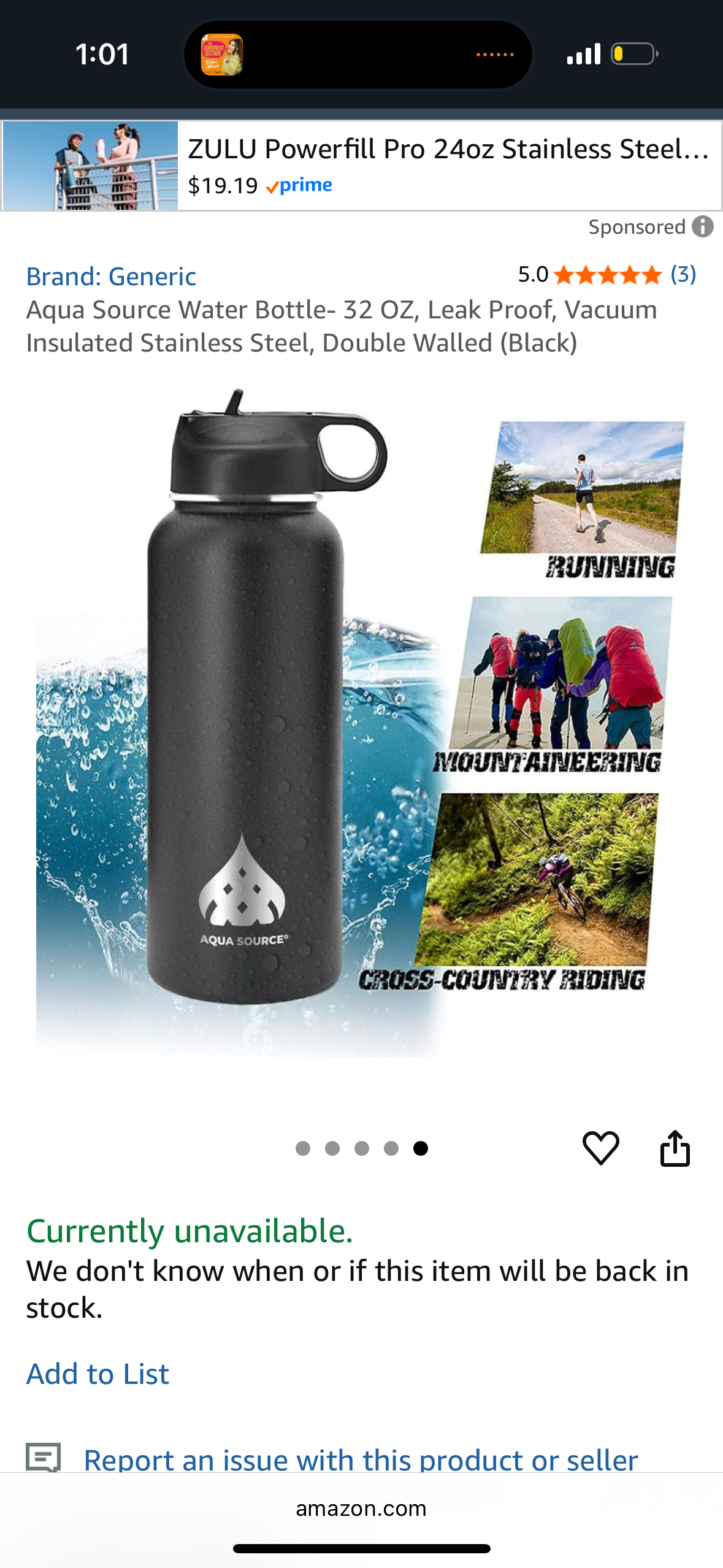 Aqua Source Water Bottle- 32 OZ, Leak Proof, Vacuum Insulated Stainless Steel, Double Walled (Black)