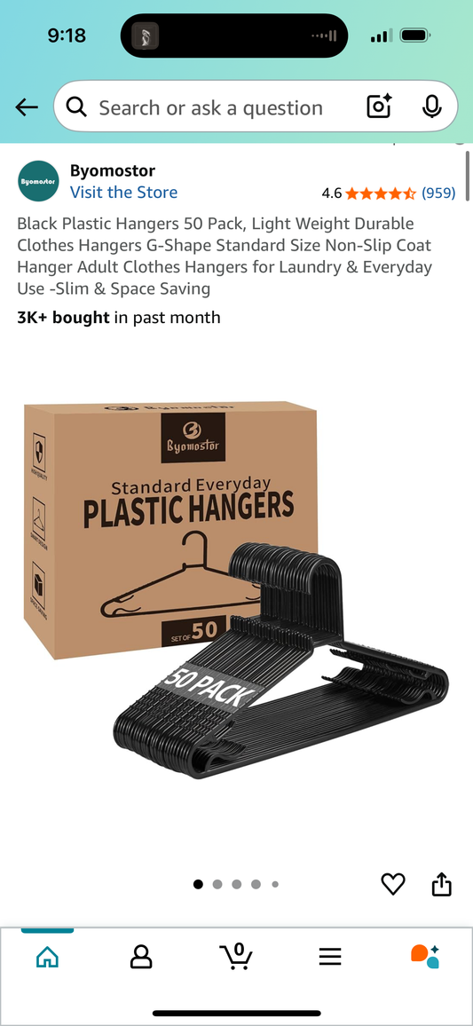 Black Plastic Hangers 50 Pack, Light Weight Durable Clothes Hangers G-Shape Standard Size Non-Slip Coat Hanger Adult Clothes Hangers for Laundry & Everyday Use -Slim & Space Saving
