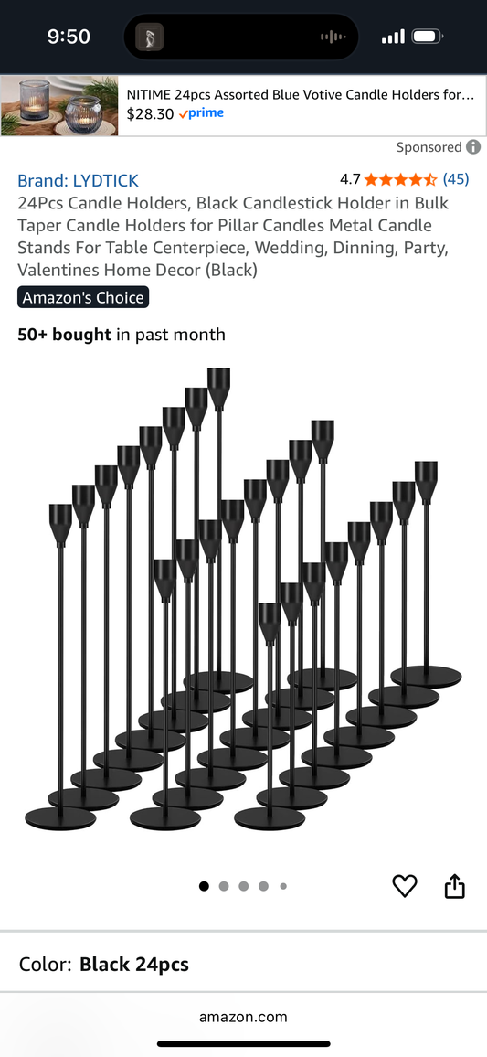 Set of 24 Candlesticks INCLUDES CANDLES, Black Candlestick Holder and Taper Candles