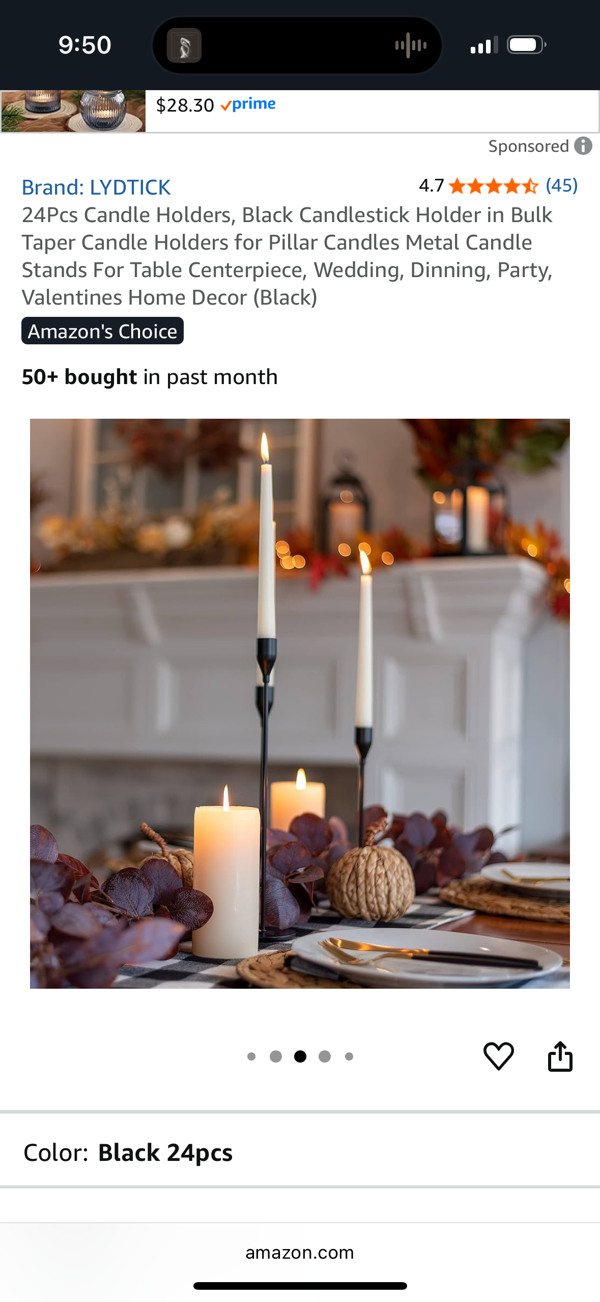 Set of 24 Candlesticks INCLUDES CANDLES, Black Candlestick Holder and Taper Candles