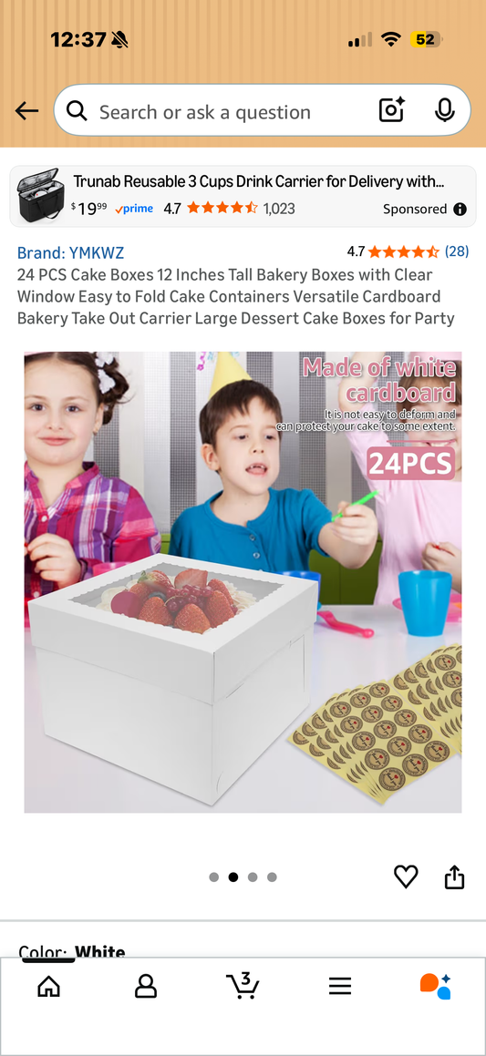 24 PCS Cake Boxes 12 Inches Tall Bakery Boxes with Clear Window Easy to Fold Cake Containers Versatile Cardboard Bakery Take Out Carrier Large Dessert Cake Boxes for Party