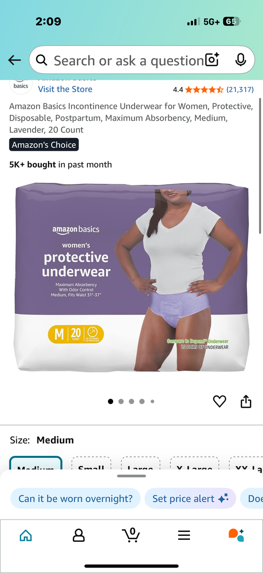 Amazon Basics Incontinence Underwear for Women, Protective, Disposable, Postpartum, Maximum Absorbency, Medium, Lavender, 20 Count