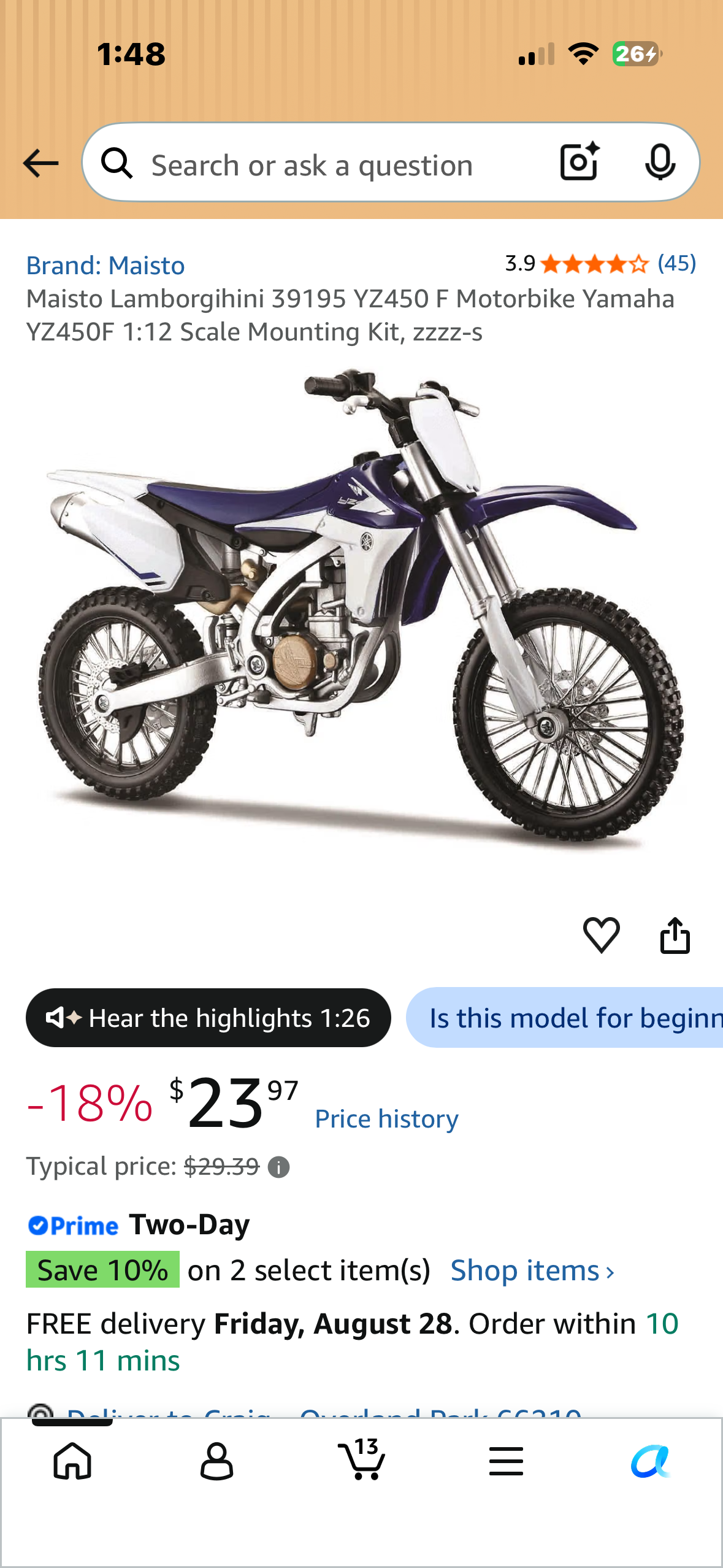 Maisto Lamborgihini 39195 YZ450 F Motorbike Yamaha YZ450F 1:12 Scale Mounting Kit