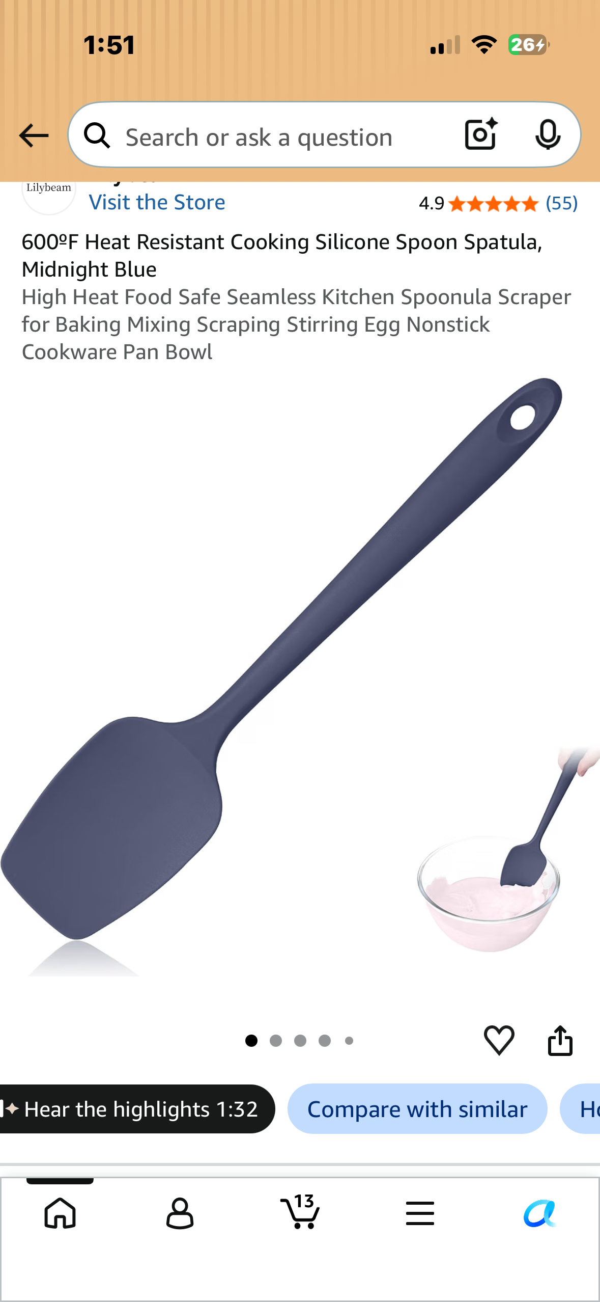 Lavinrose Heat Resistant Silicone Spatula, Resistant up to 600°F (Navy Blue)