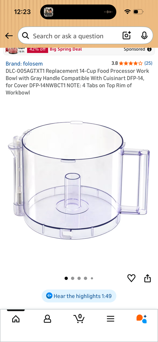 DLC-005AGTXT1 Replacement 14-Cup Food Processor Work Bowl with Gray Handle Compatible With Cuisinart DFP-14, for Cover DFP-14NWBCT1 NOTE: 4 Tabs on Top Rim of Workbowl