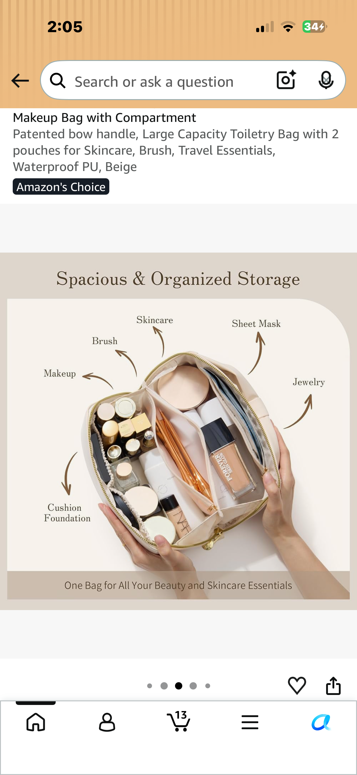 Cosmetic Bag for Women, WideOpen Travel Makeup Bag with Compartment Patented bow handle, Large Capacity Toiletry Bag with 2 pouches for Skincare, Brush, Travel Essentials, Waterproof PU, Beige
