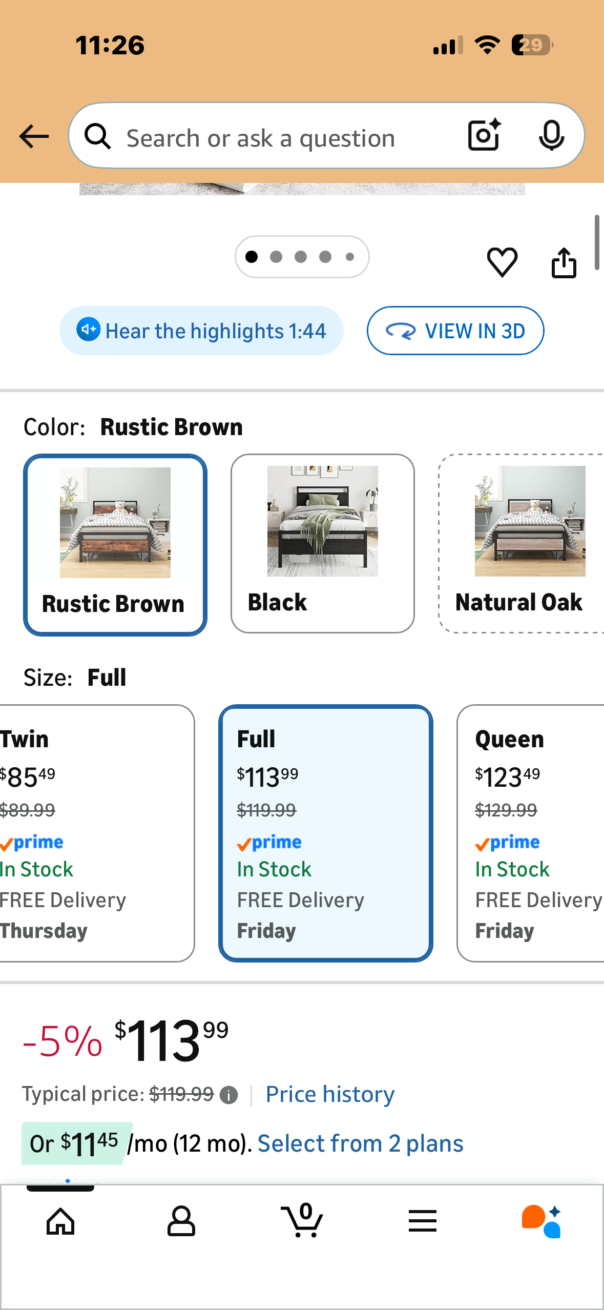 Full Size Bed Frame with Headboard, Platform Bed Frame with Reinforced Steel, Strong Slats Support/No Box Spring Needed, Black and Rustic Brown (B1208)