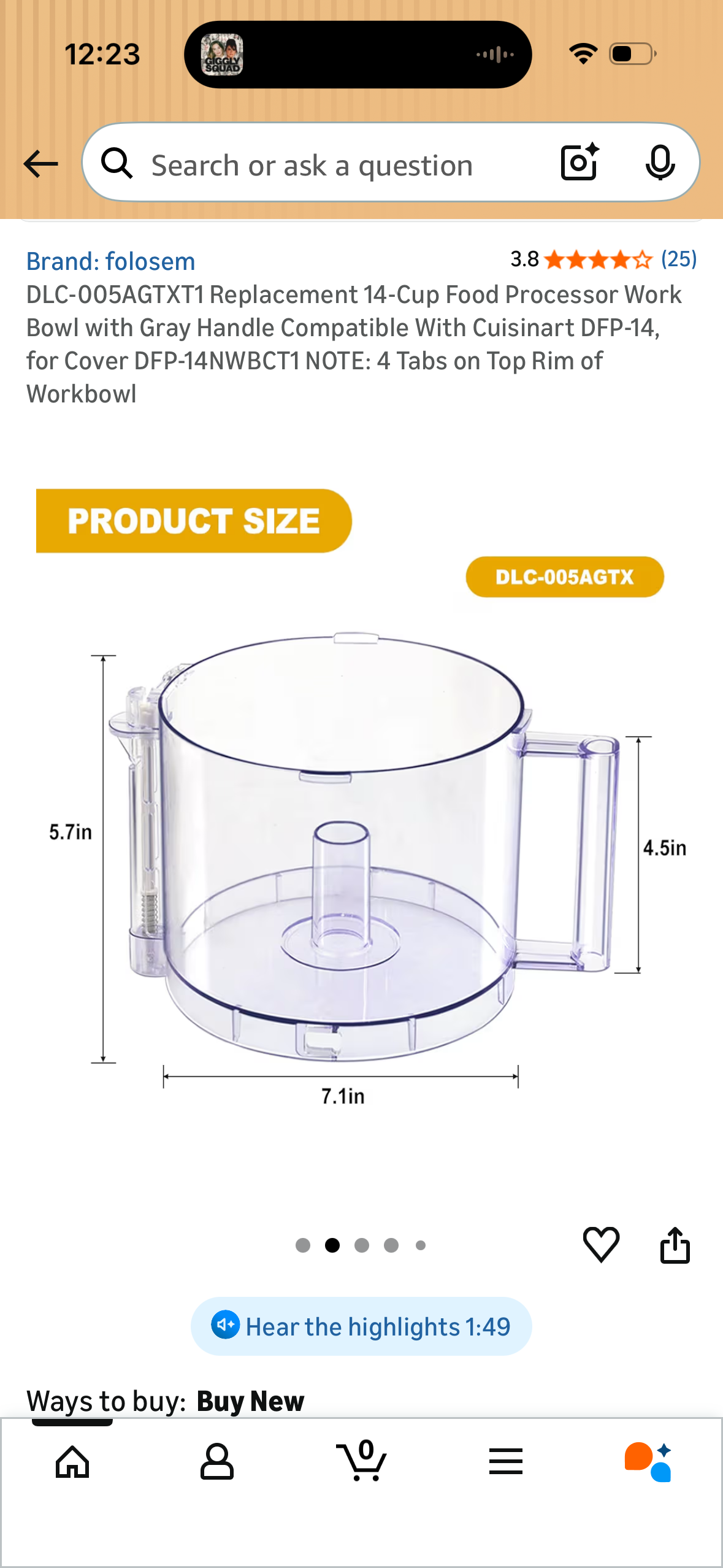 DLC-005AGTXT1 Replacement 14-Cup Food Processor Work Bowl with Gray Handle Compatible With Cuisinart DFP-14, for Cover DFP-14NWBCT1 NOTE: 4 Tabs on Top Rim of Workbowl