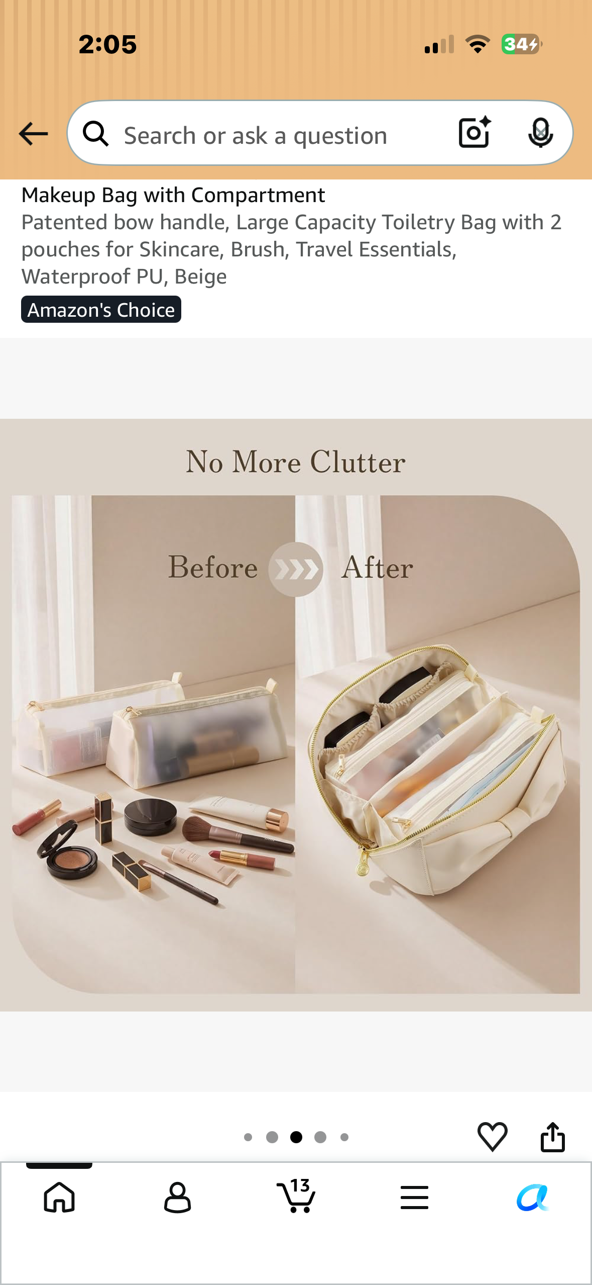 Cosmetic Bag for Women, WideOpen Travel Makeup Bag with Compartment Patented bow handle, Large Capacity Toiletry Bag with 2 pouches for Skincare, Brush, Travel Essentials, Waterproof PU, Beige