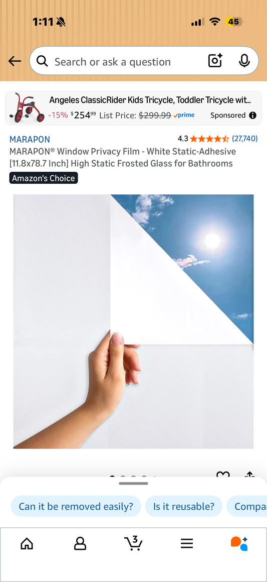 MARAPON® Window Privacy Film - White Static-Adhesive [11.8x78.7 Inch] High Static Frosted Glass for Bathrooms