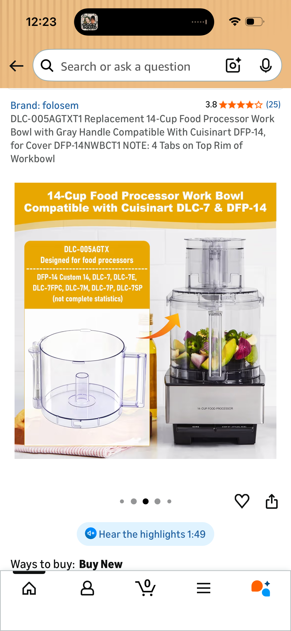 DLC-005AGTXT1 Replacement 14-Cup Food Processor Work Bowl with Gray Handle Compatible With Cuisinart DFP-14, for Cover DFP-14NWBCT1 NOTE: 4 Tabs on Top Rim of Workbowl
