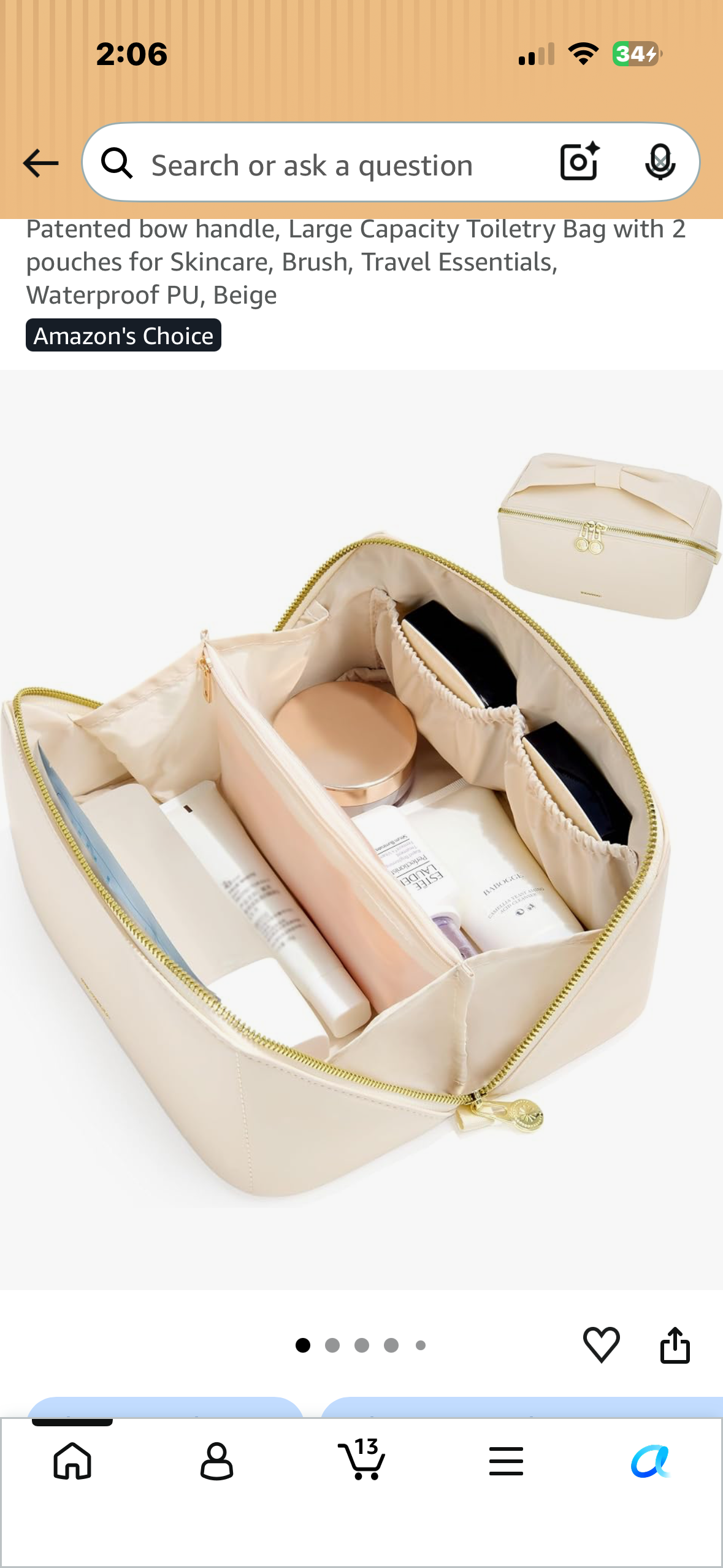 Cosmetic Bag for Women, WideOpen Travel Makeup Bag with Compartment Patented bow handle, Large Capacity Toiletry Bag with 2 pouches for Skincare, Brush, Travel Essentials, Waterproof PU, Beige