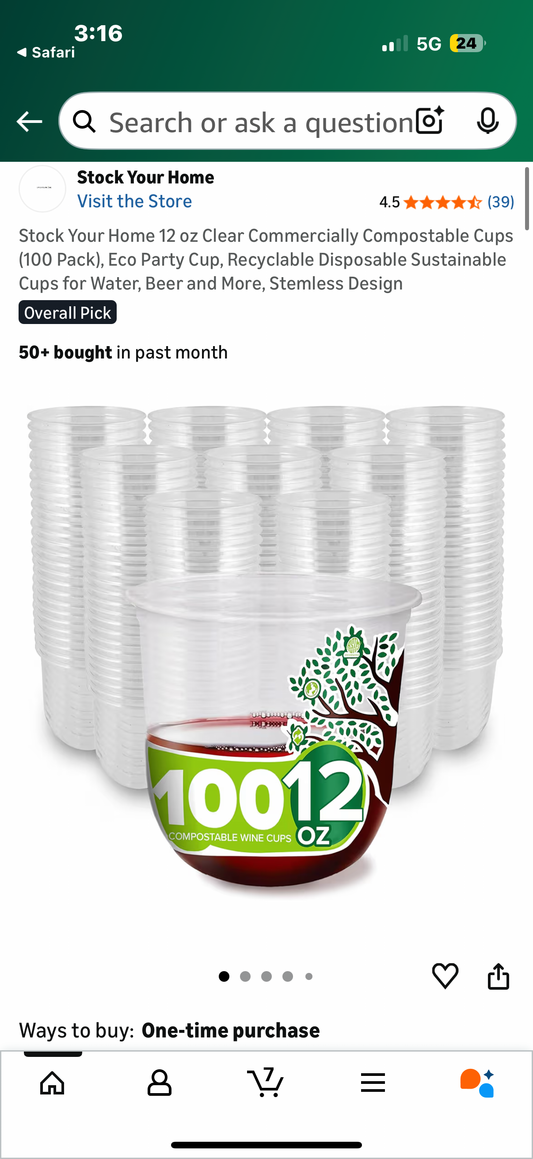 Stock Your Home 12 oz Clear x50 Commercially Compostable CupEco Party Cup, Recyclable Disposable Sustainable Cups for Water, Beer and More, Stemless Design