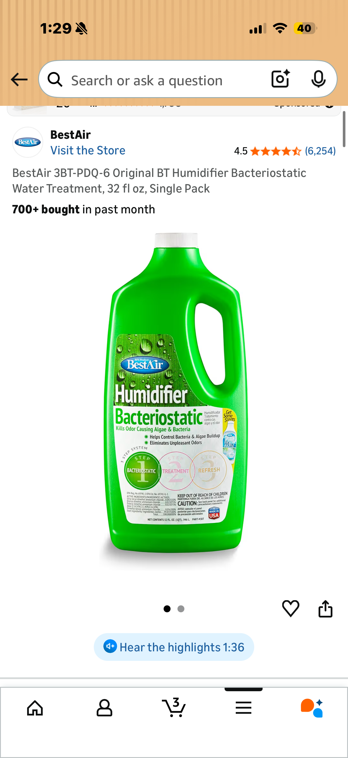 BestAir 3BT-PDQ-6 Original BT Humidifier Bacteriostatic Water Treatment, 32 fl oz, Single Pack