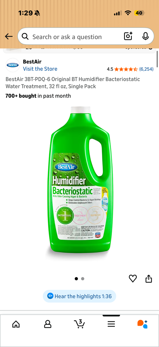 BestAir 3BT-PDQ-6 Original BT Humidifier Bacteriostatic Water Treatment, 32 fl oz, Single Pack