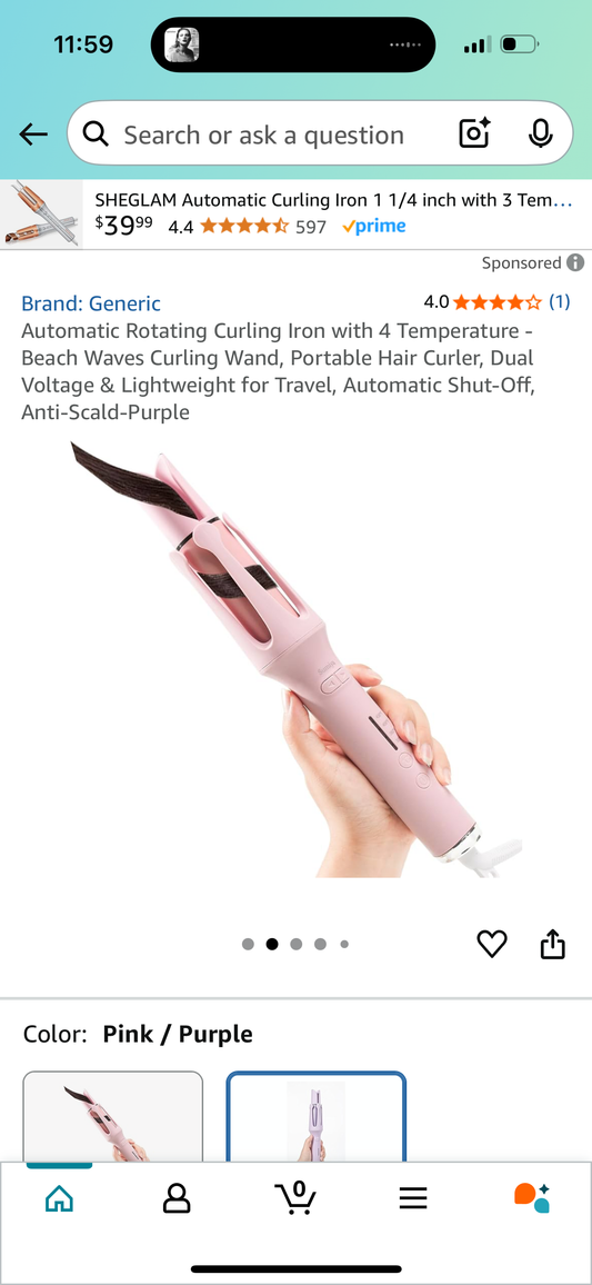 Automatic Rotating Curling Iron with 4 Temperature - Beach Waves Curling Wand, Portable Hair Curler, Dual Voltage & Lightweight for Travel, Automatic Shut-Off, Anti-Scald-Purple