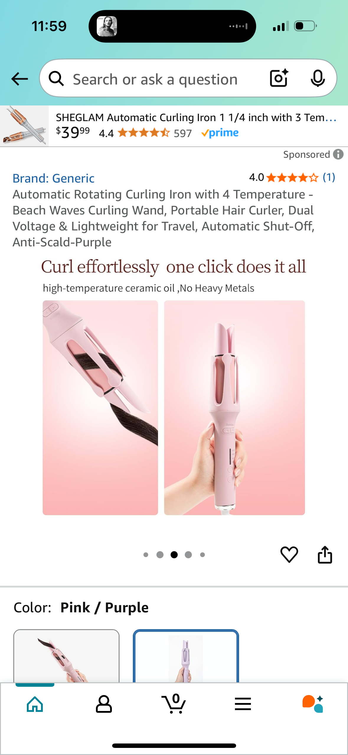 Automatic Rotating Curling Iron with 4 Temperature - Beach Waves Curling Wand, Portable Hair Curler, Dual Voltage & Lightweight for Travel, Automatic Shut-Off, Anti-Scald-Purple