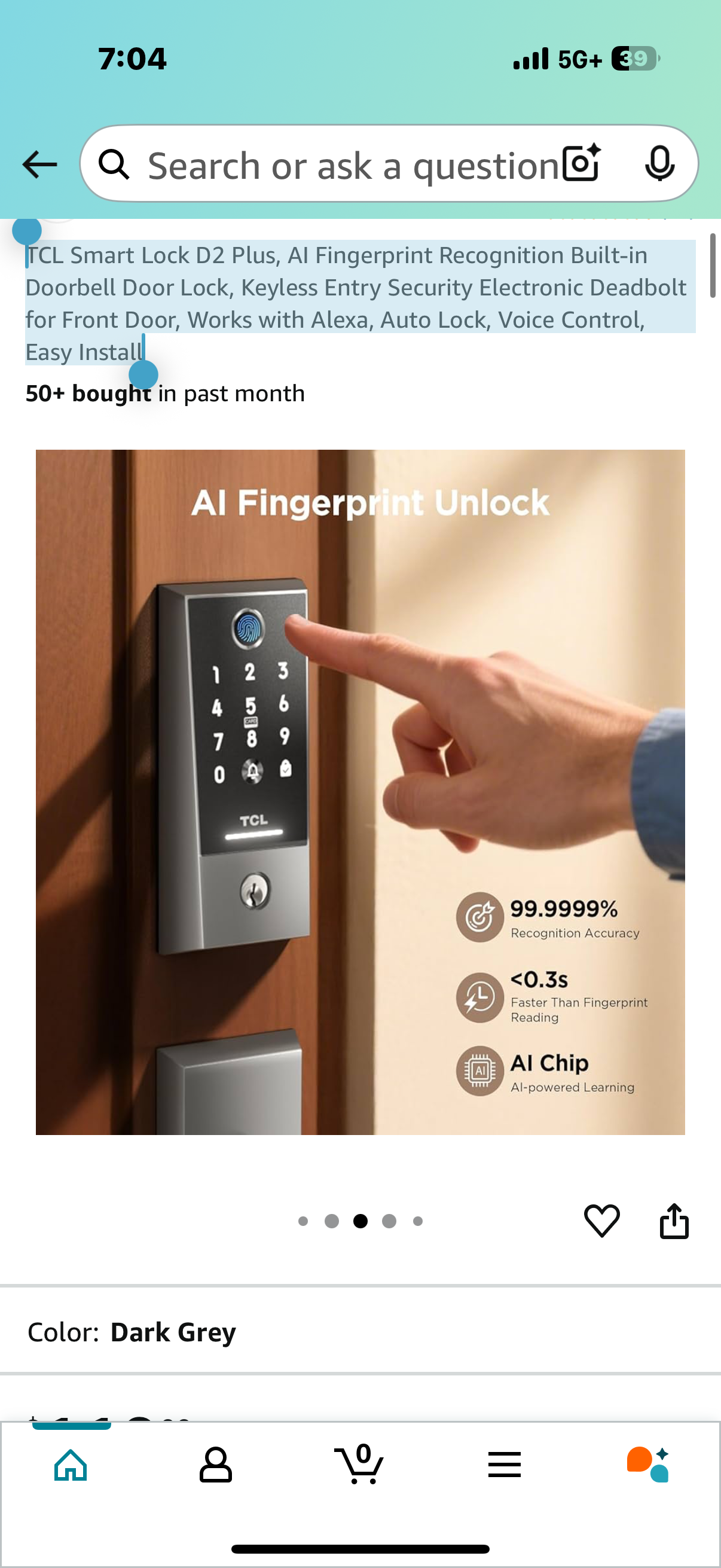 TCL Smart Lock D2 Plus, AI Fingerprint Recognition Built-in Doorbell Door Lock, Keyless Entry Security Electronic Deadbolt for Front Door, Works with Alexa, Auto Lock, Voice Control, Easy Install