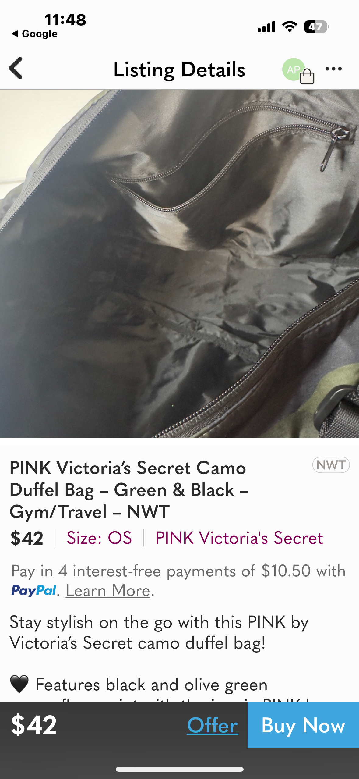 PINK Victoria's Secret Camo Duffel Bag - Green & Black - Gym/Travel