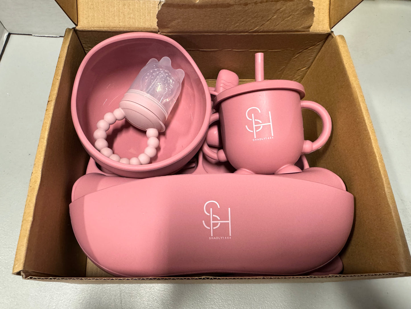 Pink Baby Feeding Set – Baby Feeding Supplies Set with Bib, Sippy Cup, First Stage Toddler Utensils, Suction Bowl, Divided Plate, Baby Spoon and Fork – Food-Grade Silicone Baby Led Weaning Supplies