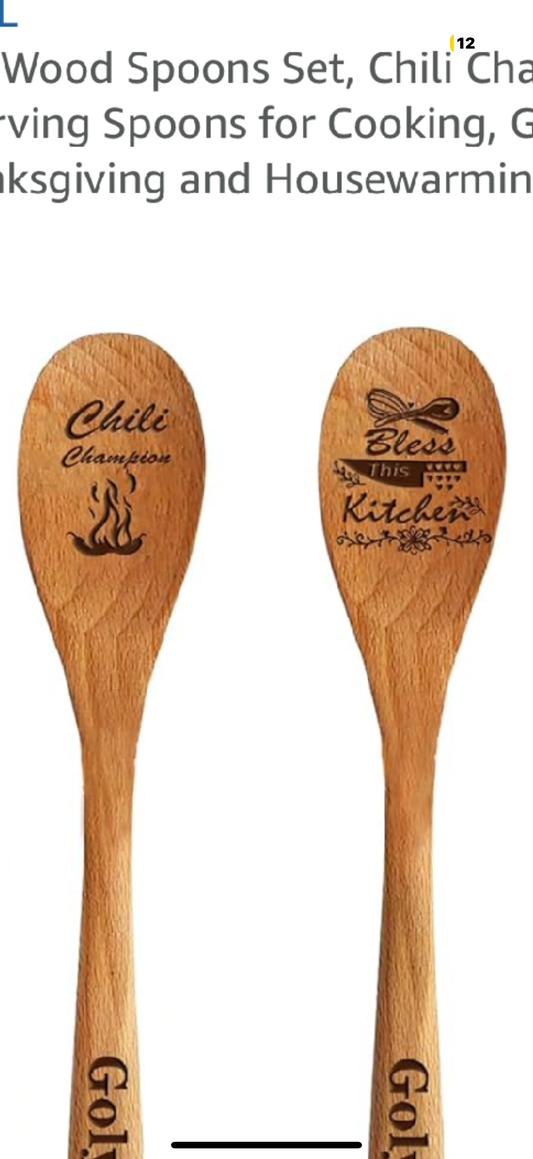 Set of 2 Engraved Wooden Spoons - Bless This Kitchen and Chili Champion