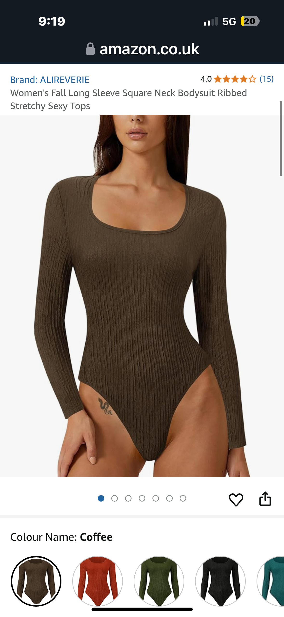 ALIREVERIE Women's Fall Long Sleeve Square Neck Bodysuit Ribbed Stretchy Sexy Tops Size Large