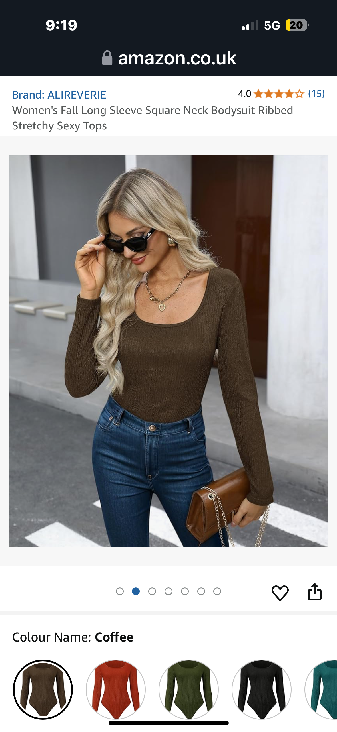 ALIREVERIE Women's Fall Long Sleeve Square Neck Bodysuit Ribbed Stretchy Sexy Tops Size Large