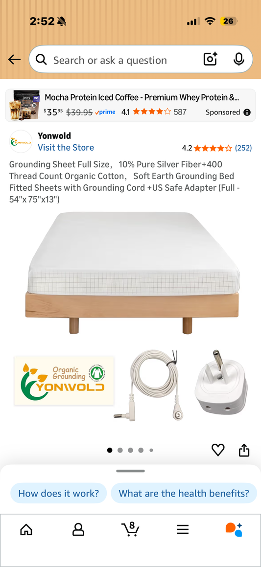Grounding Sheet Full Size，10% Pure Silver Fiber+400 Thread Count Organic Cotton，Soft Earth Grounding Bed Fitted Sheets with Grounding Cord +US Safe Adapter (Full - 54"x 75"x13"