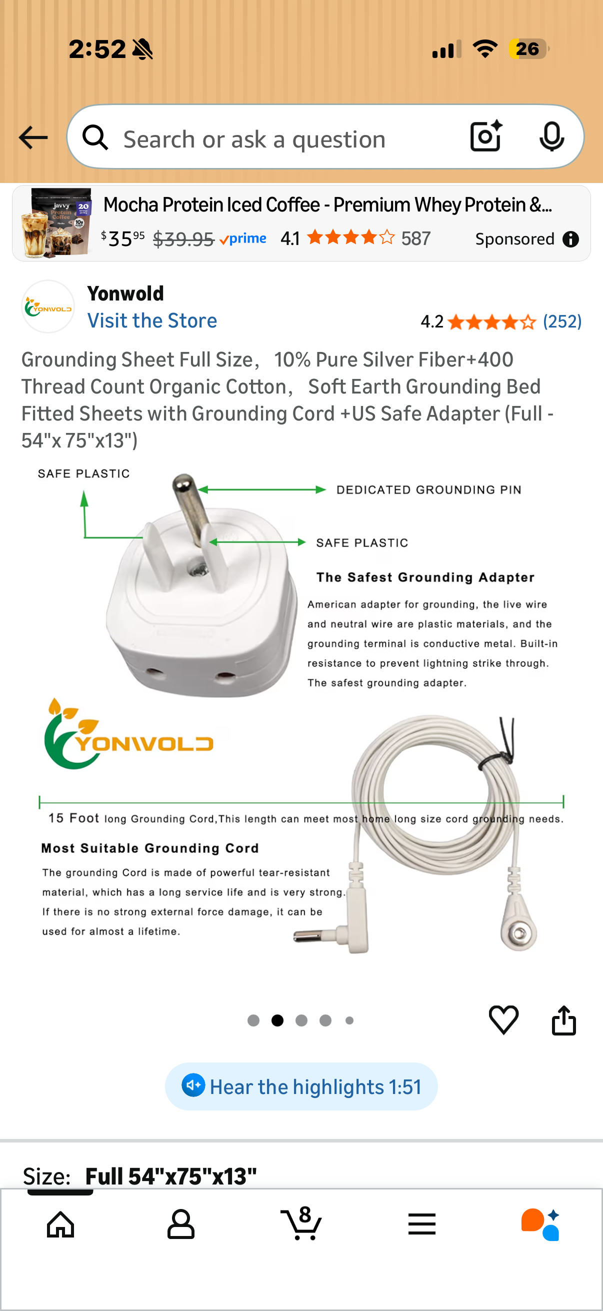 Grounding Sheet Full Size，10% Pure Silver Fiber+400 Thread Count Organic Cotton，Soft Earth Grounding Bed Fitted Sheets with Grounding Cord +US Safe Adapter (Full - 54"x 75"x13"
