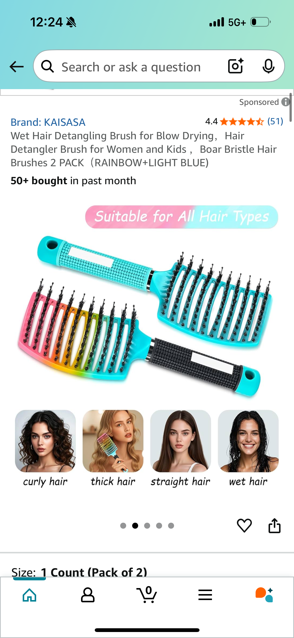 Wet Hair Detangling Brush for Blow Drying，Hair Detangler Brush for Women and Kids ，Boar Bristle Hair Brushes 2 PACK (RAINBOW+LIGHT BLUE)