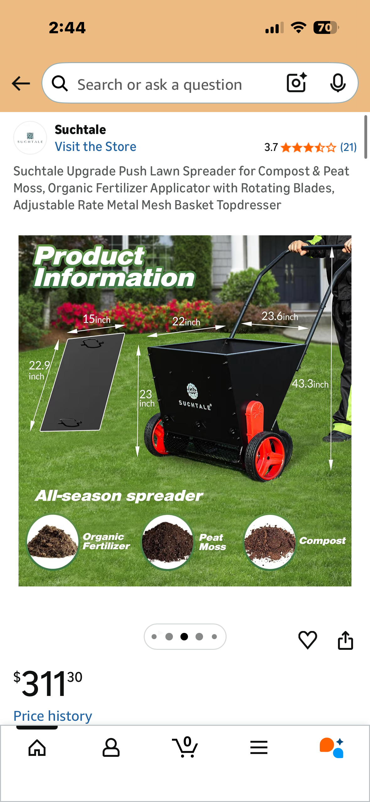 Push Lawn Spreader for Compost & Peat Moss, Organic Fertilizer , Applicator with Rotating Blades, Adjustable Rate, Metal Mesh Basket, Topdresser (G987)